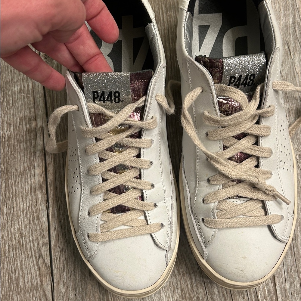 P448 white sneakers sz 39 (8.5/9) metallic tongue detail Like new - Picture 2 of 4